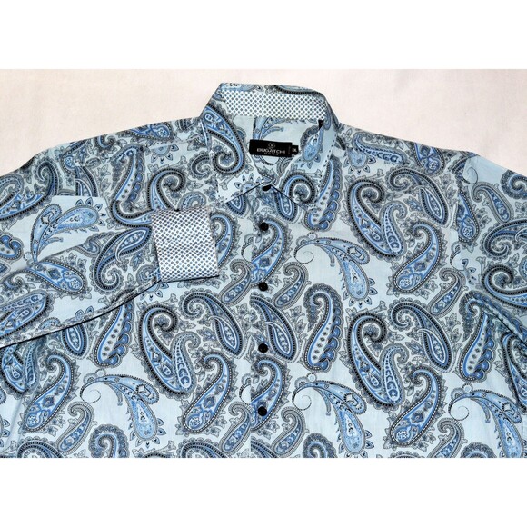 Bugatchi Uomo Men's Long Sleeve‎ Button Front Flip Cuff Paisley Shirt Size 2XL - Picture 2 of 10